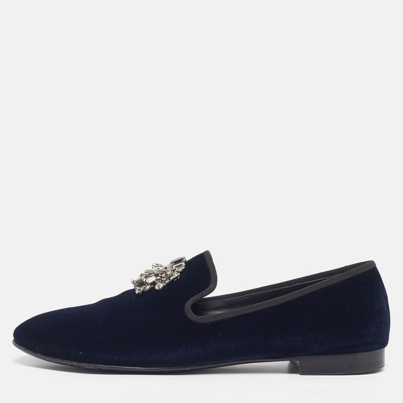 Giuseppe Zanotti Crystal Embellished Size 44 Navy Blue Velvet Smoking Slippers